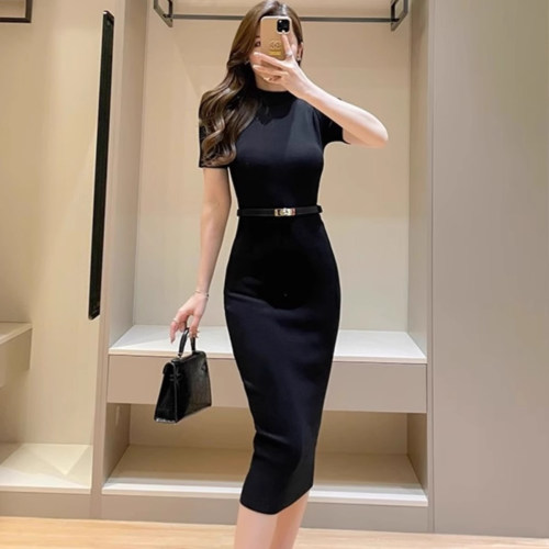 过膝针织连衣裙夏季新款气质百搭小立领短袖修身显瘦包臀裙打底裙