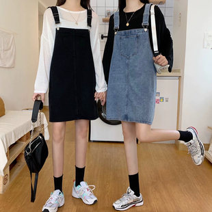 春季韩版2026新款宽松学生减龄百搭大码胖mm牛仔背带裙短裙女裙子