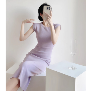 夏季新款小飞袖针织连衣裙紫色温柔气质穿搭收腰显瘦法式A字长裙