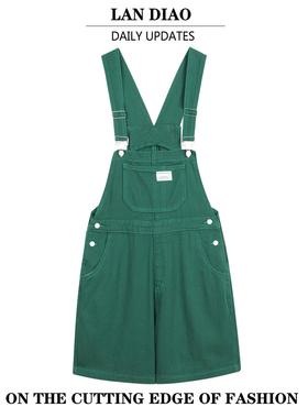 LAN DIAO绿色减龄牛仔背带裤女夏季2024年新款连衣裤宽松直筒短裤