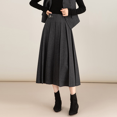 高腰中长醋酸羊毛呢a字百褶裙子