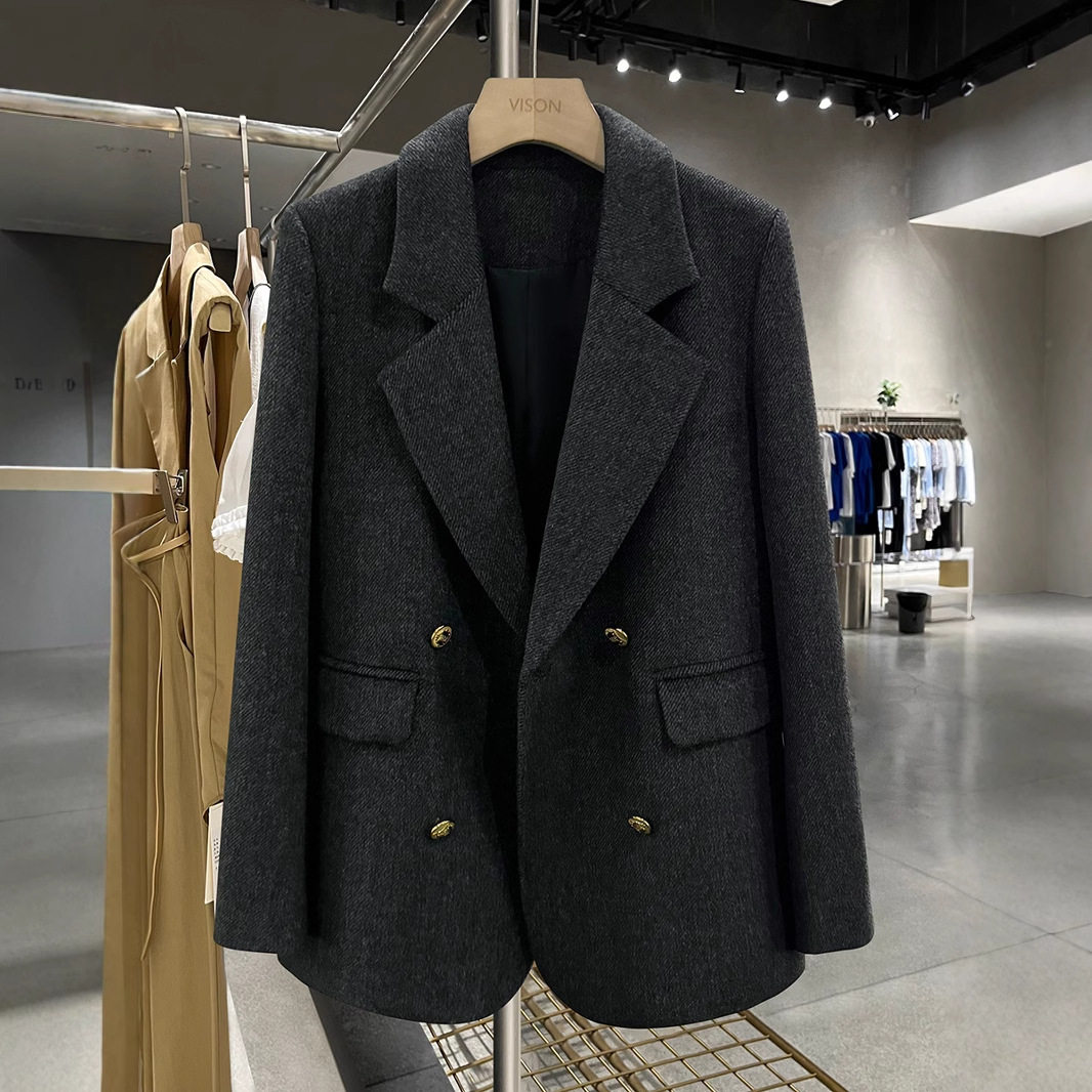 韩系赫本风深灰色毛呢西装外套