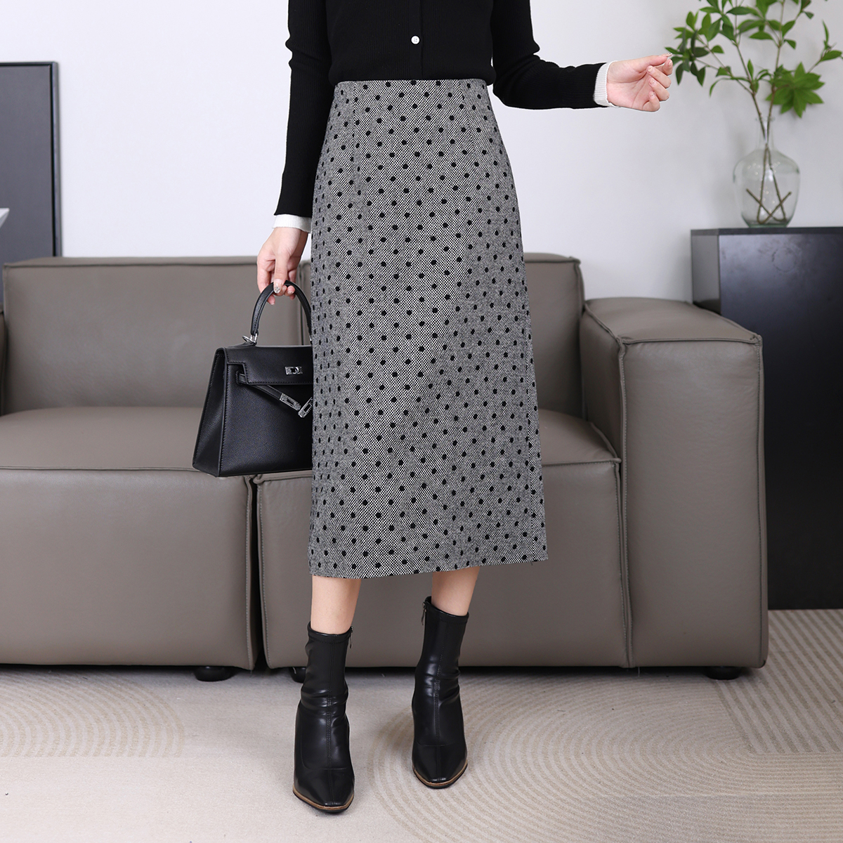植绒波点毛呢半身裙秋冬2025新款高腰气质小香风长裙显瘦直筒裙