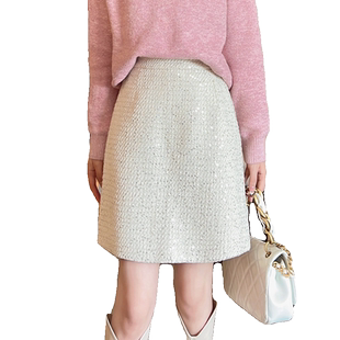 小香风亮片半身短裙女秋冬2025新款时尚高腰显瘦a字气质包臀短裙