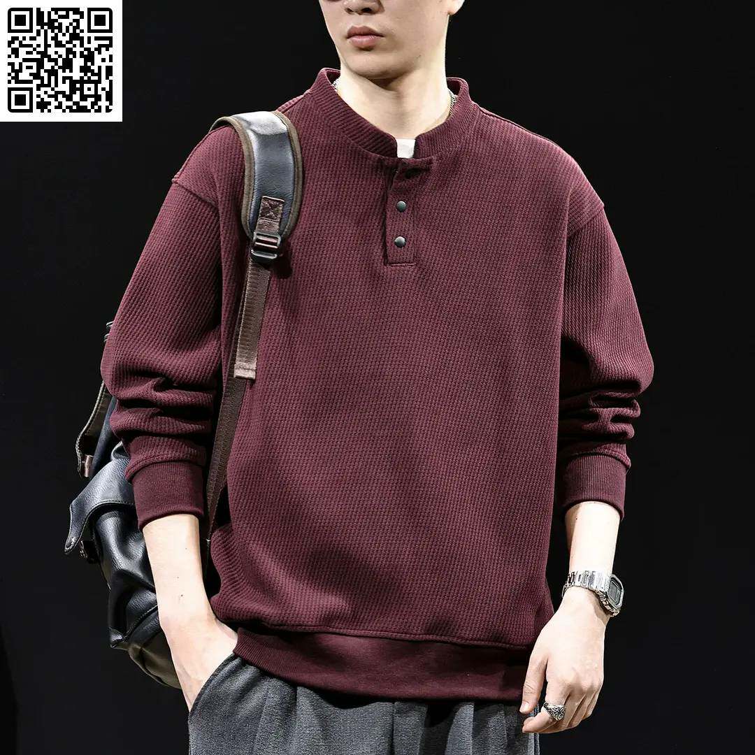MR.MUDI/穆迪先生雪尼尔重磅高端亨利领卫衣男秋冬新款酒红色上衣