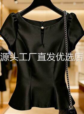 路途2026夏季女装黑色收腰短袖上衣气质名媛法式白领掐腰百搭衬衣