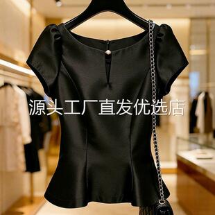 路途2026夏季女装黑色收腰短袖上衣气质名媛法式白领掐腰百搭衬衣