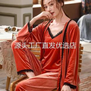 春秋洋气蕾丝花网红家居服 三件套金丝绒睡衣吊带睡袍简约休闲长袖