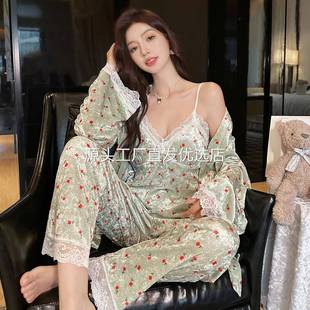 金钻绒三件套家居服甜美碎花性感蕾丝吊带长裤 2025年新款 睡袍睡衣