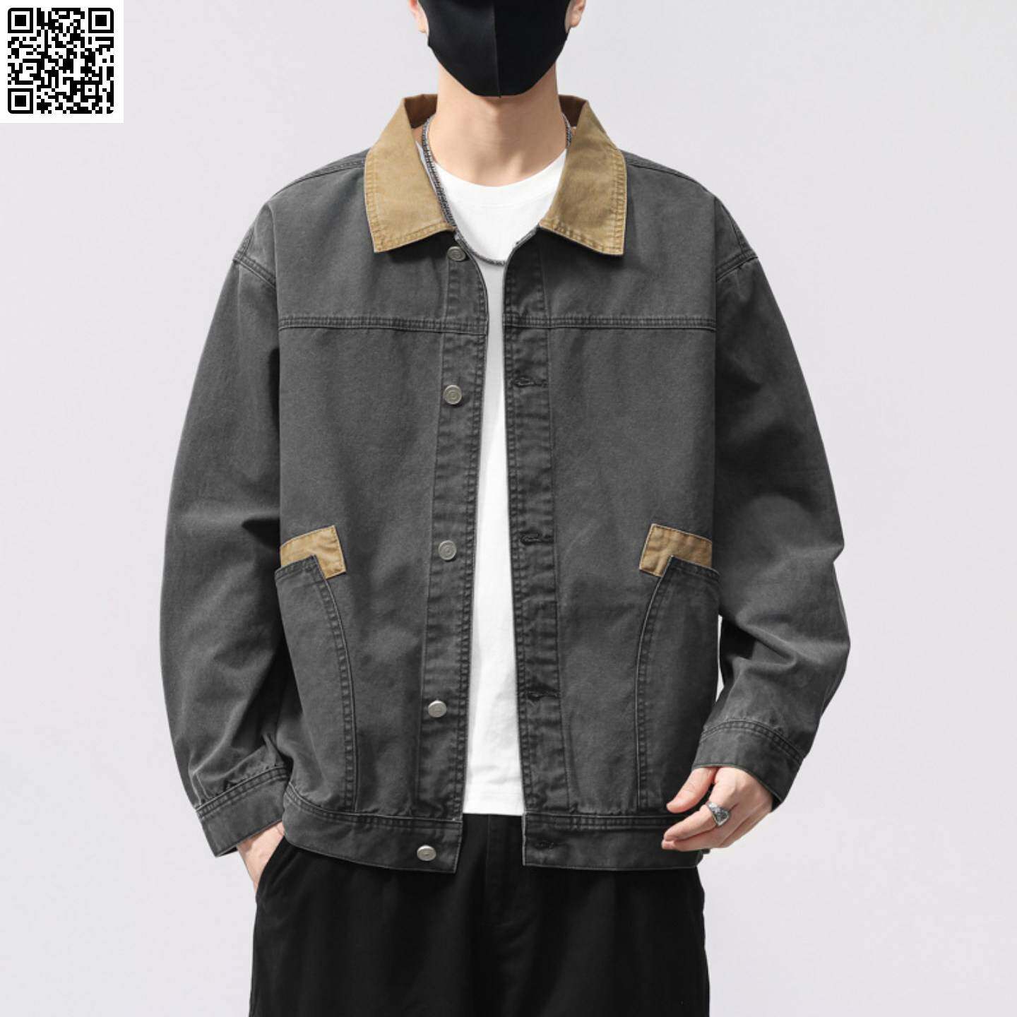 维干高档春秋季男美式翻领牛仔夹克时尚休闲男装潮流百搭拼色外套