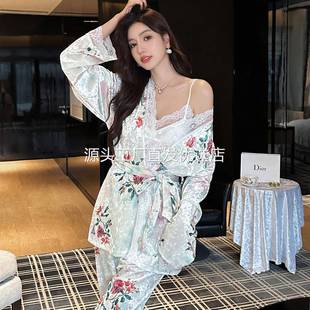 高级感金丝绒睡衣女三件套秋冬纯欲风吊带睡袍性感蕾丝家居服套装