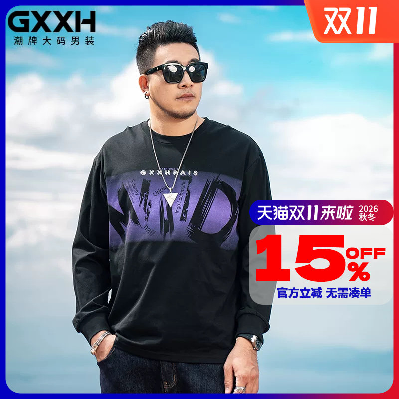 GxxH大码男装2025秋季新款个性字母印花潮流长袖T恤男士圆领上衣