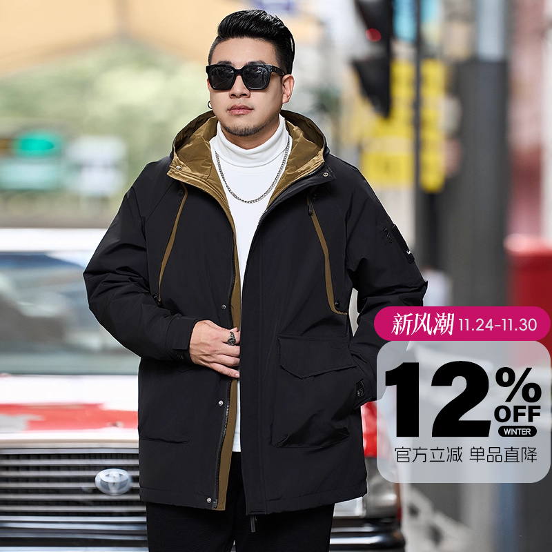 GxxH秋冬加肥加大码男士工装连帽棉服肥佬宽松加厚保暖棉衣外套潮
