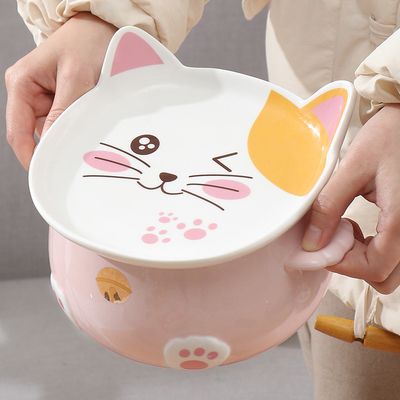 可爱陶瓷猫咪泡面碗送餐具碗垫