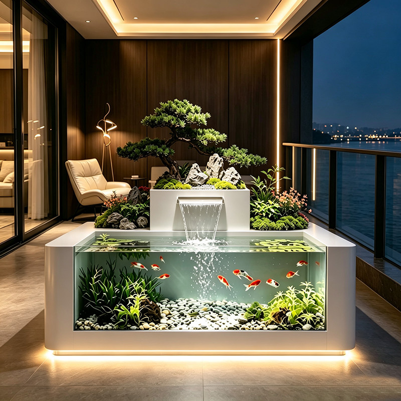 户外庭院不锈钢鱼池花箱一体瀑布流水造景阳台鱼缸透明观赏水池