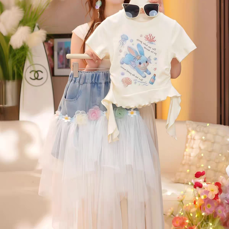 女童夏装套装2026新款儿童装网红卡通蛋糕裙女孩洋气衣服宝宝T恤