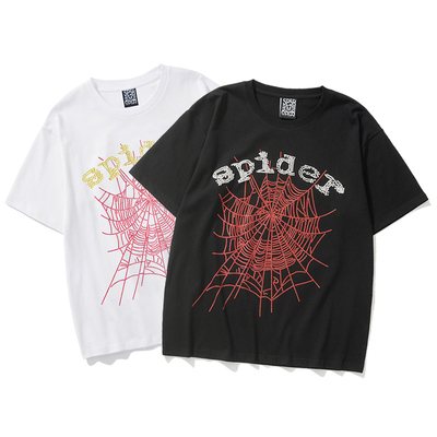 跨境高版sp5derT恤蜘蛛网字母发泡短袖宽松情侣短T欧美潮流夏季