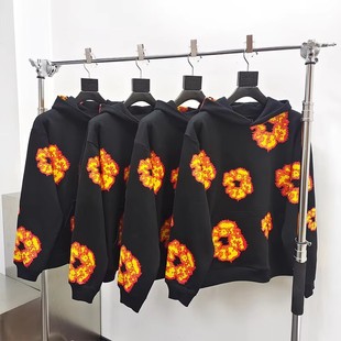 高街潮流情侣运动衫 美式 TEARS木棉橙花卫衣连帽衫 450G重磅DENIM