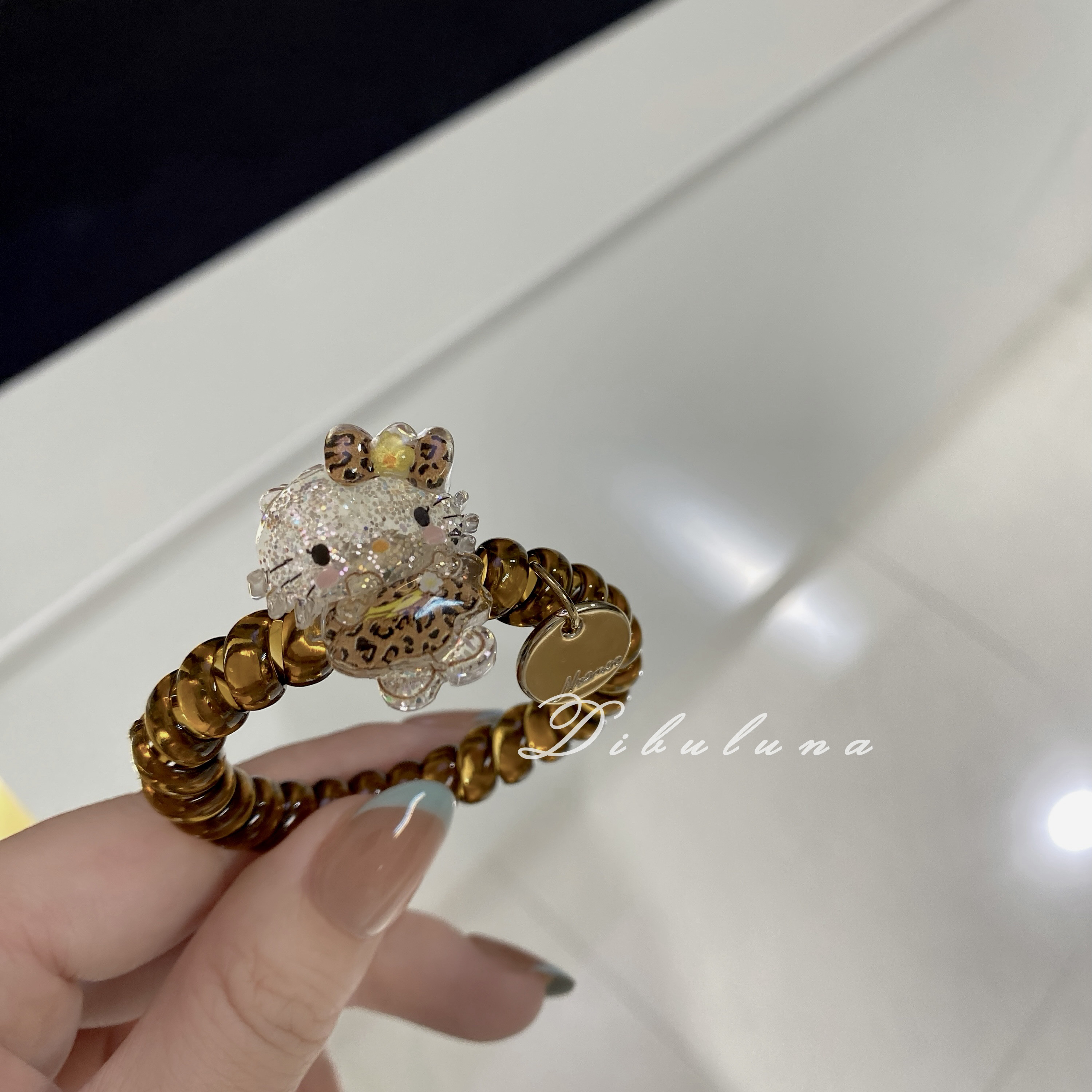 卡通可爱豹纹KT猫电话线发圈女高级感ins风扎发绳丸子头皮筋头绳图片