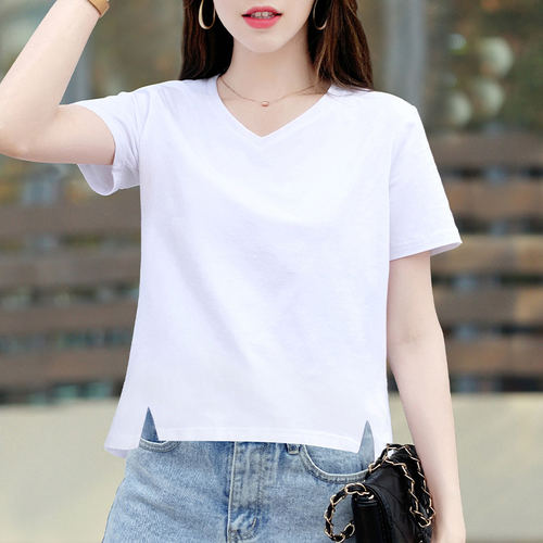 宽松短袖t恤女V领下摆开叉纯棉