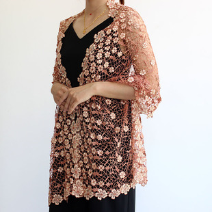 蕾丝勾花镂空亮片丝巾女春秋复古薄款新娘晚礼服旗袍披肩围巾