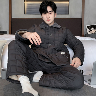 猫人羽绒夹棉男士睡衣冬季三层加厚加棉超厚宽松爸爸家居服可外穿