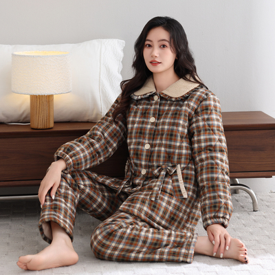 猫人睡衣女冬季纯棉三层加厚夹棉袄冬天加绒宽松超厚家居服可外穿