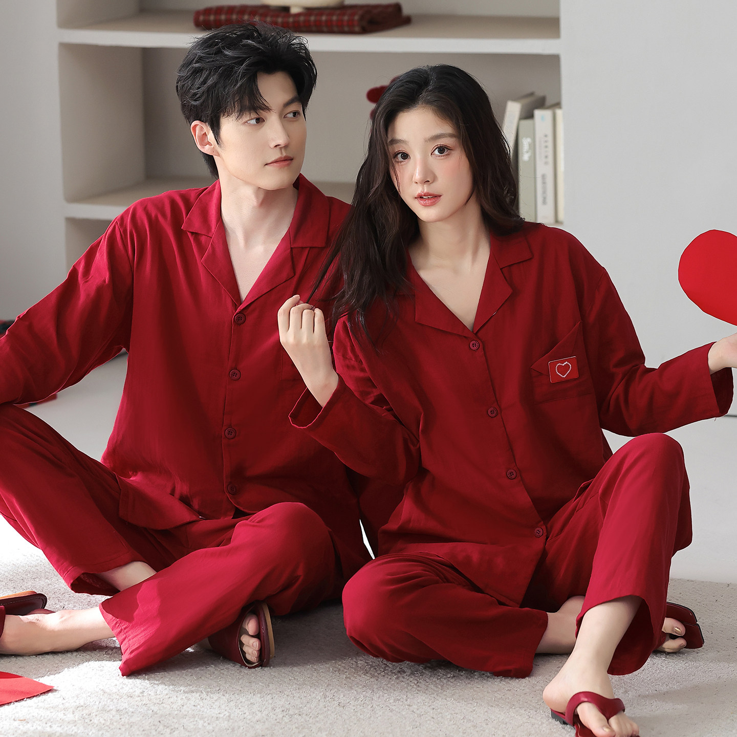 猫人婴儿棉睡衣情侣套装春秋季结婚新婚双层纱布红色家居服礼盒装