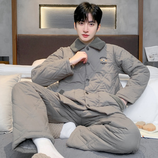 猫人2025新款冬季男士睡衣加厚加绒纯棉三层夹棉袄大码开衫家居服