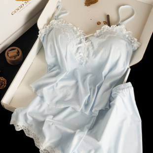 蕾丝纯欲送闺蜜礼盒装 套装 吊带短裤 猫人冰丝棉绸带胸垫睡衣女夏季