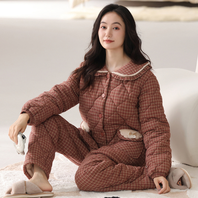 猫人夹棉睡衣女士冬季纯棉三层加厚加绒棉袄2025新款家居服套装冬