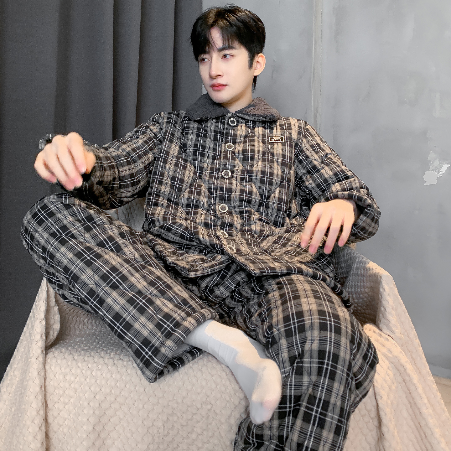 芬腾冬季纯棉夹棉睡衣男士棉袄