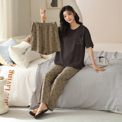 猫人带胸垫睡衣女夏季纯棉短袖短裤长裤三件套休闲宽松家居服套装