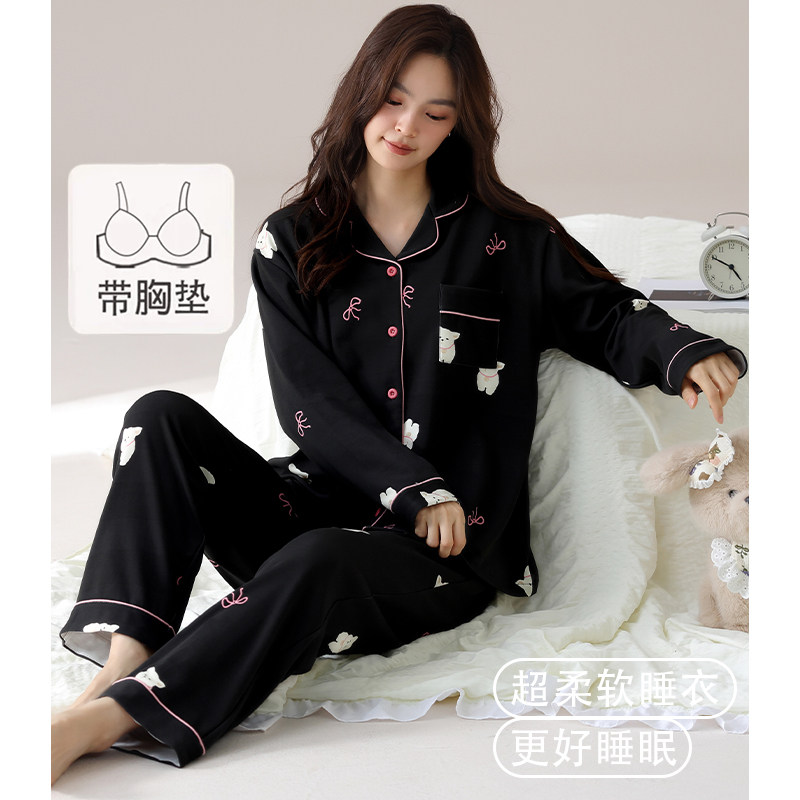 猫人纯棉睡衣女带胸垫春秋款纯棉长袖2026新款高级感家居服可外穿