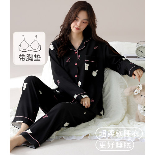 猫人纯棉睡衣女带胸垫春秋款