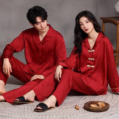 猫人红色情侣睡衣女冰丝长袖