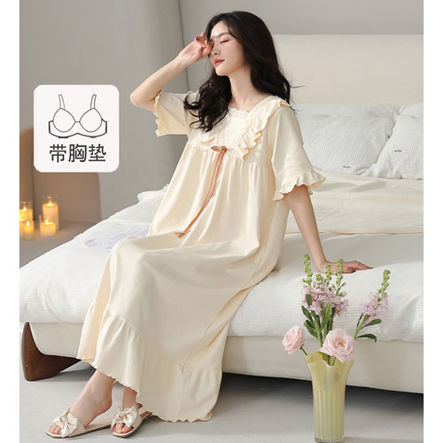 猫人带胸垫纯棉睡裙女夏季短袖薄款2025新款中长款宽松孕妇家居服