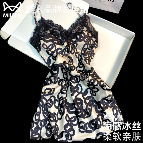 猫人性感真丝吊带睡裙女夏季新款带胸垫冰丝蕾丝家居服送闺蜜礼盒