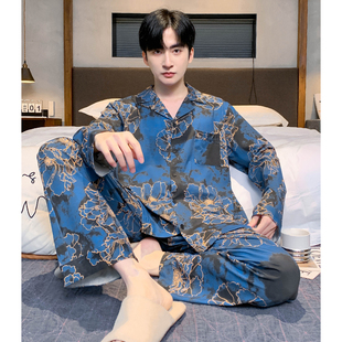 猫人轻奢风纯棉男士睡衣春秋款2026新款宽松加大码男款家居服套装