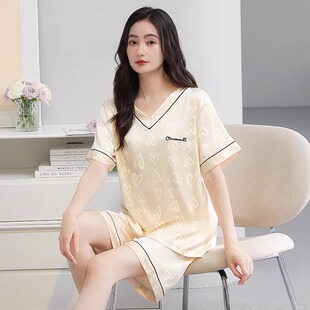 猫人带胸垫睡衣女夏季冰丝短袖短裤薄款凉感大码可外穿家居服套装