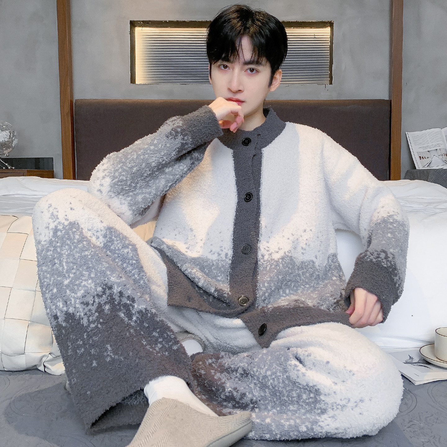 猫人冬季男士半边绒睡衣加厚加绒保暖珊瑚绒高级感开衫家居服套装