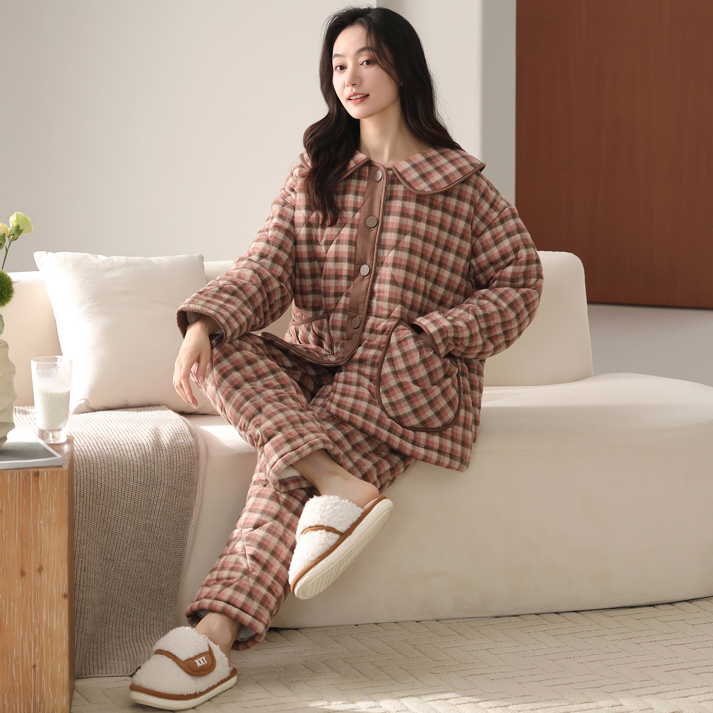 猫人格子睡衣女冬季纯棉三层加厚夹棉袄加绒宽松超厚家居服冬天