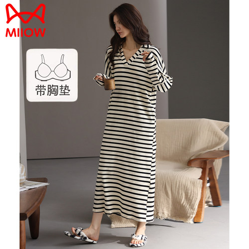 猫人纯棉睡裙女带胸垫睡衣
