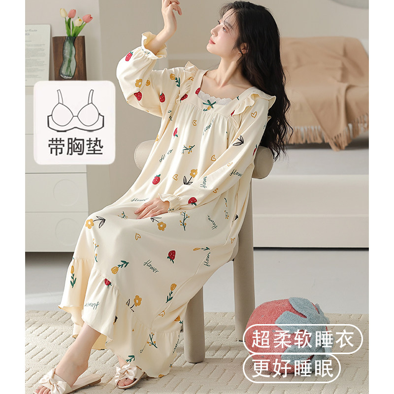 猫人带胸垫睡裙女春秋款长袖纯棉睡衣2026新款秋冬宽松孕妇家居服