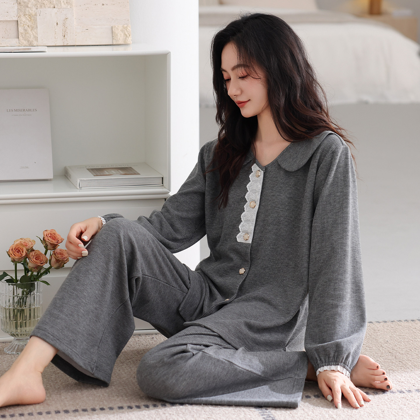 猫人带胸垫睡衣女士秋冬季长袖长裤薄绒家居服加绒保暖春秋季套装