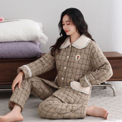 猫人女士睡衣冬季纯棉三层加厚夹棉冬天加大码棉袄家居服可外穿