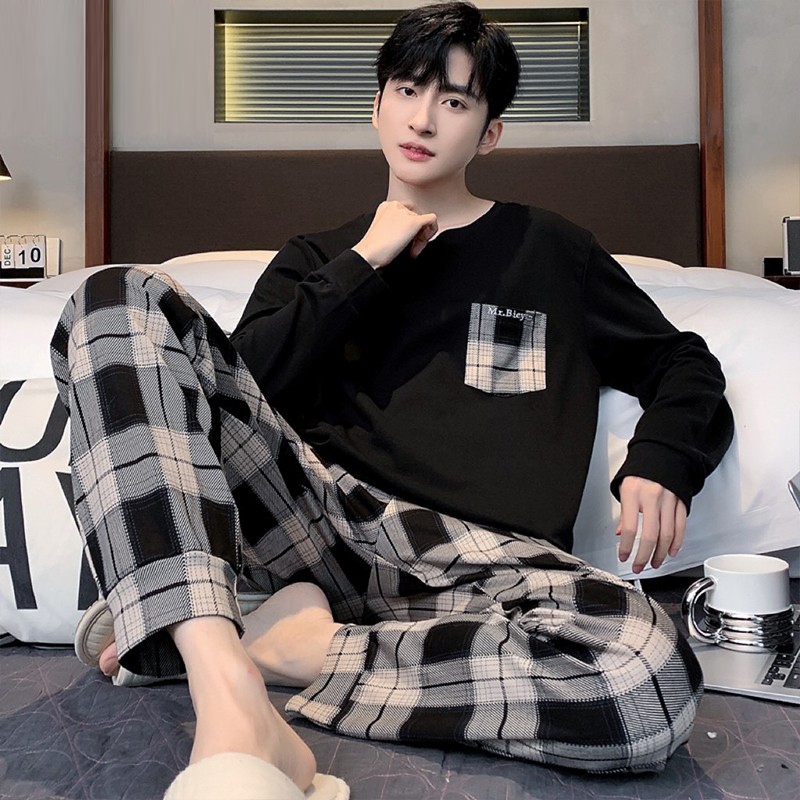 猫人男士纯棉睡衣春秋款长袖2025新款青少年大码格子家居服可外穿