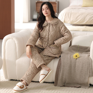 猫人睡衣女士冬季纯棉三层加厚夹棉冬天加绒宽松超厚家居服可外穿