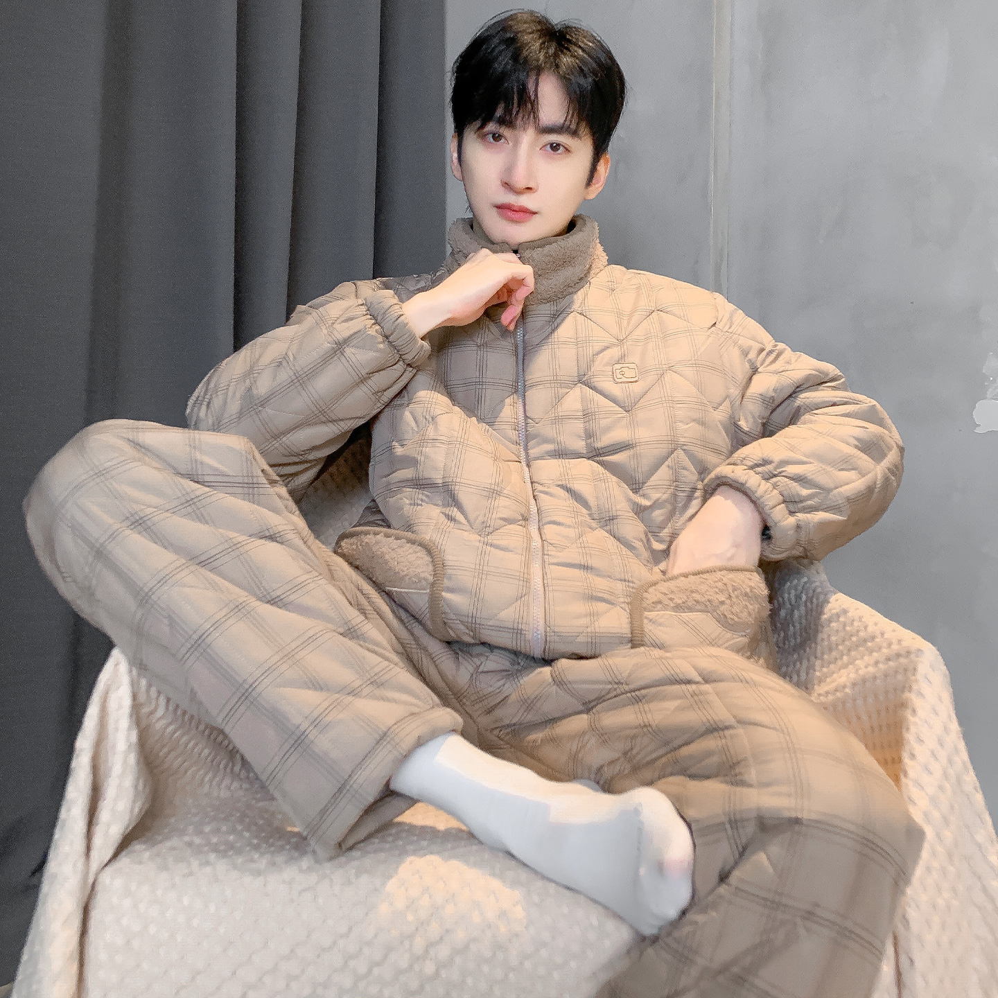 猫人羽绒睡衣男士冬季三层加厚夹棉袄可外穿拉链家居服大码两件套