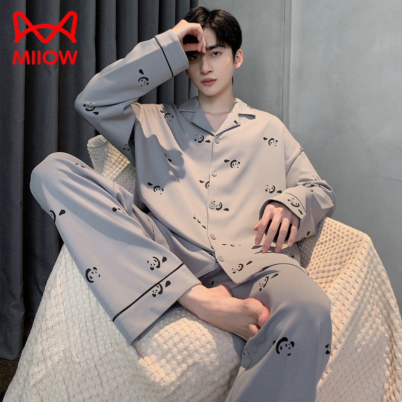 猫人熊猫睡衣男士春秋款纯棉长袖